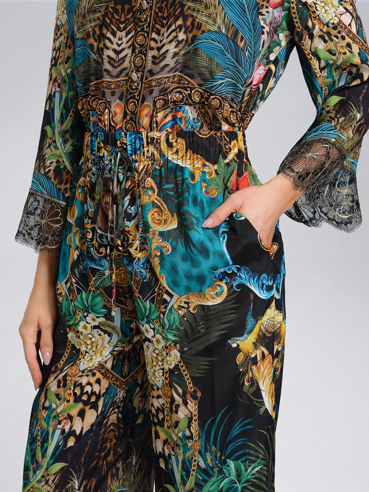 100% Silk Rhinestone Leopard Floral Shirt