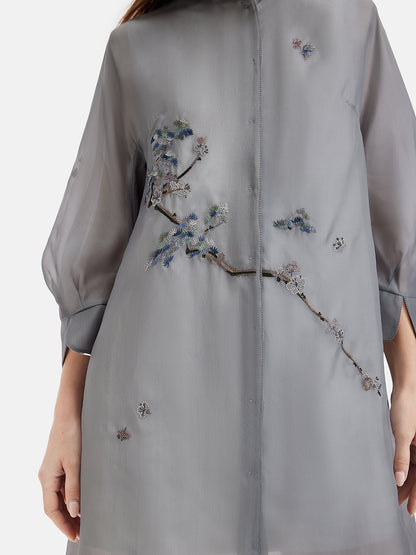 Embroidery Collar Neck Silk Long Blouse