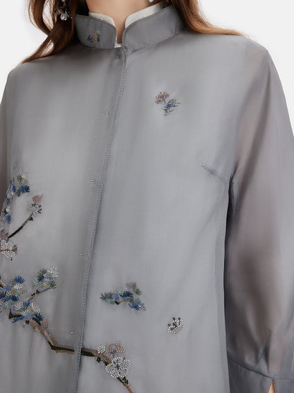 Embroidery Collar Neck Silk Long Blouse