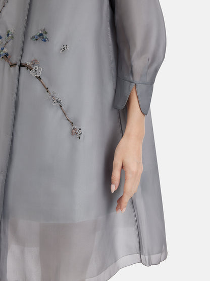 Embroidery Collar Neck Silk Long Blouse