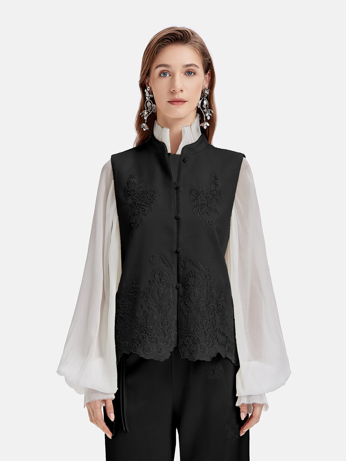 Embroidered Beaded Stand-Collar Vest