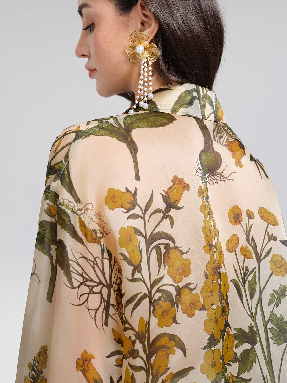 100% Silk Botanical Print Lantern Sleeve Slit Blouse