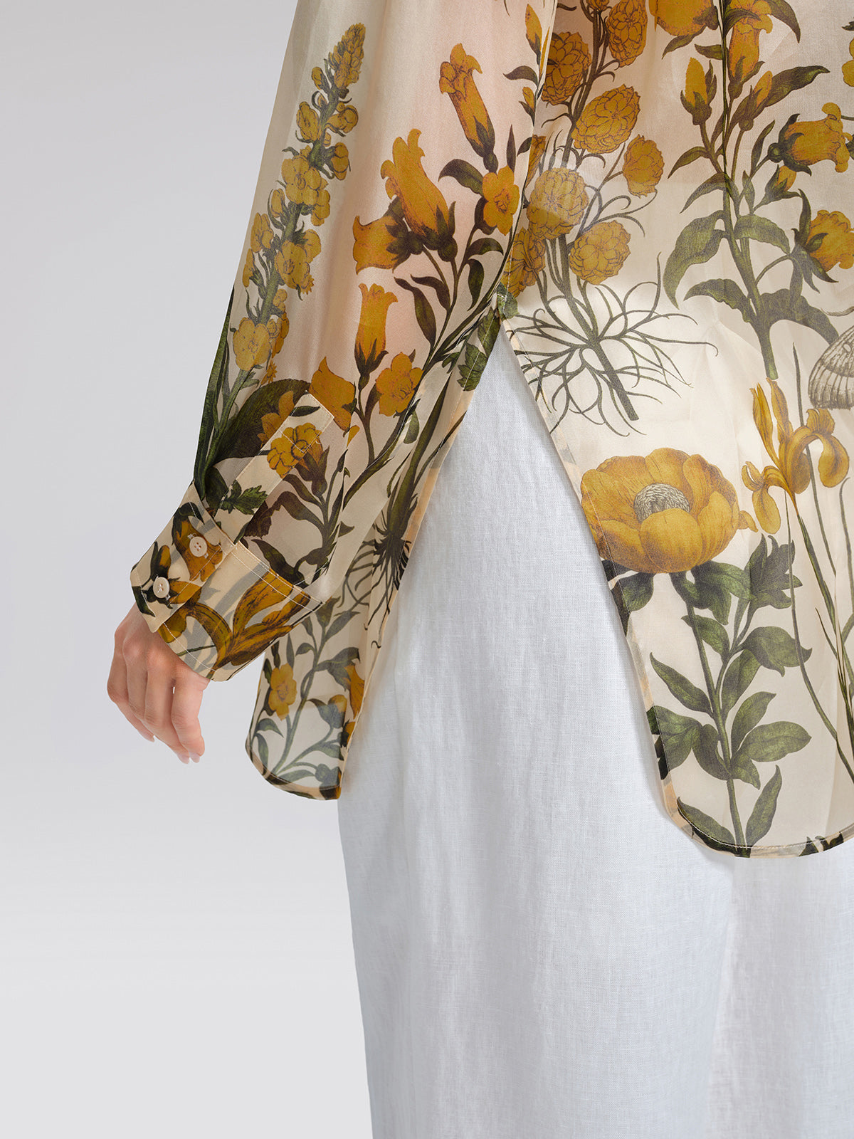 100% Silk Botanical Print Lantern Sleeve Slit Blouse