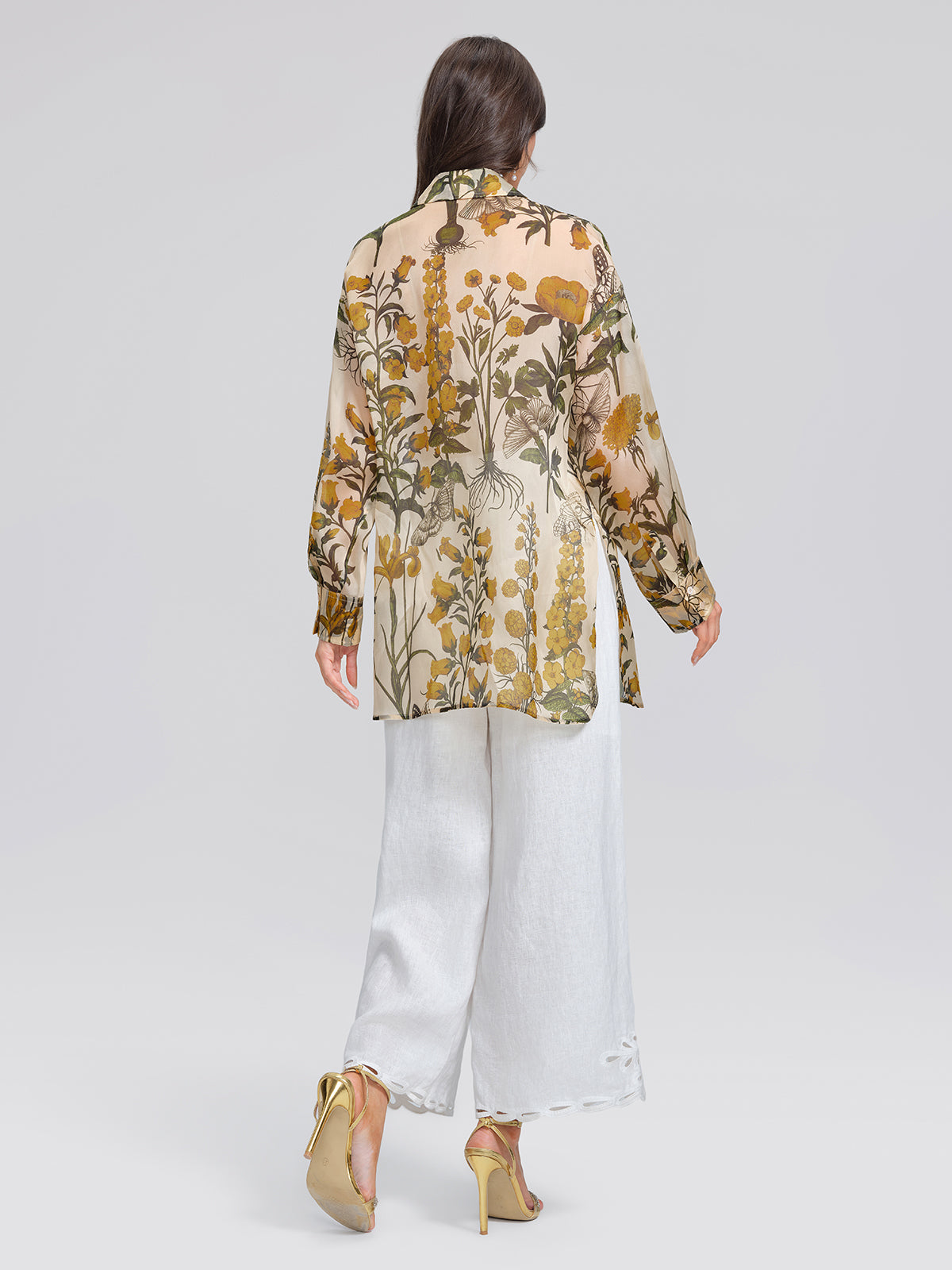 100% Silk Botanical Print Lantern Sleeve Slit Blouse