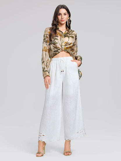 100% Silk Botanical Print Lantern Sleeve Slit Blouse