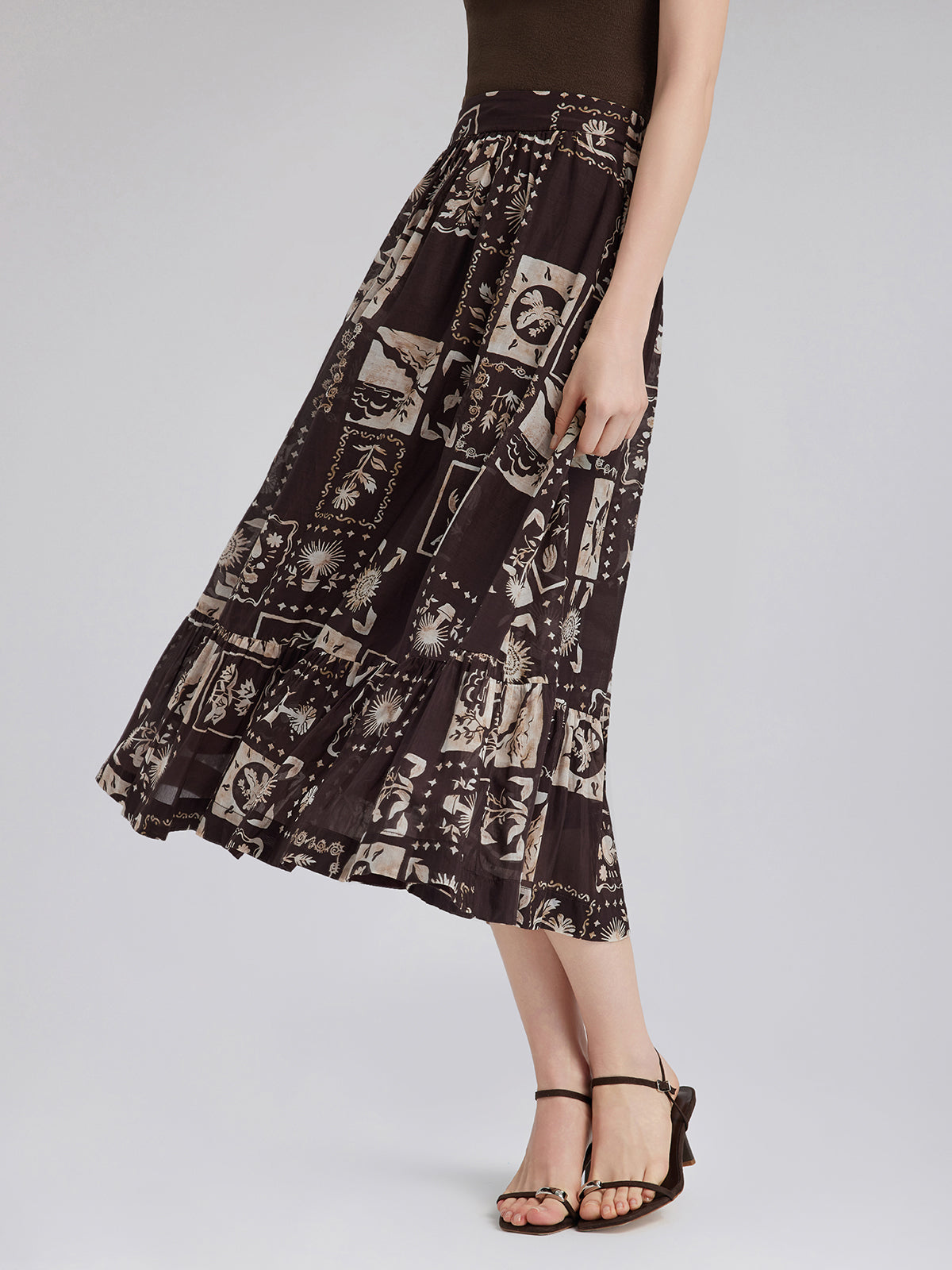 Silk Botanical Print Midi Skirt
