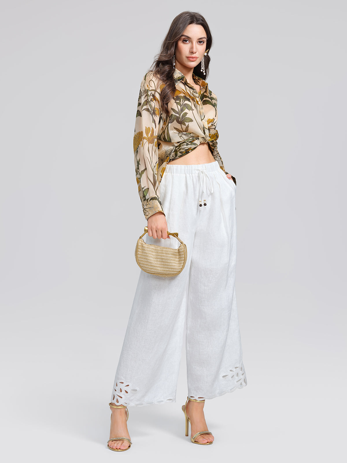 100% Silk Botanical Print Lantern Sleeve Slit Blouse