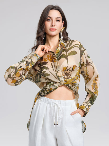 100% Silk Botanical Print Lantern Sleeve Slit Blouse