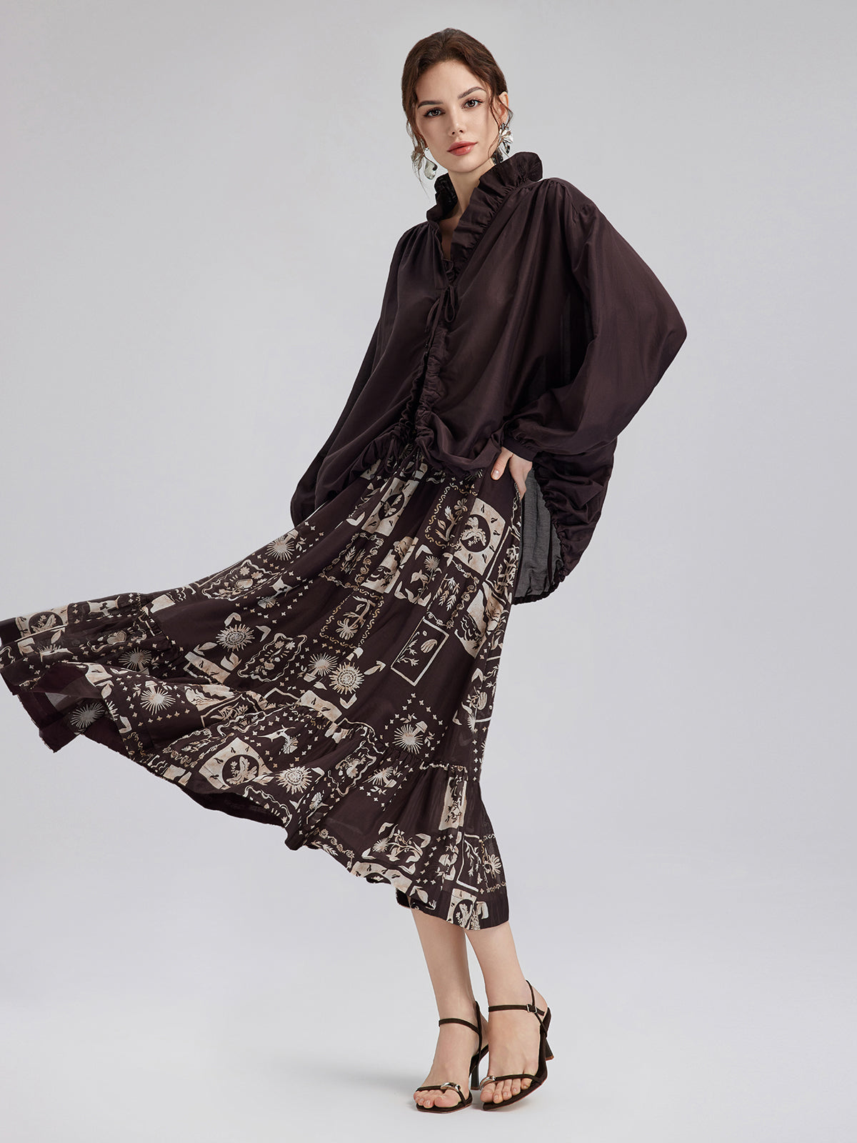 Silk Botanical Print Midi Skirt