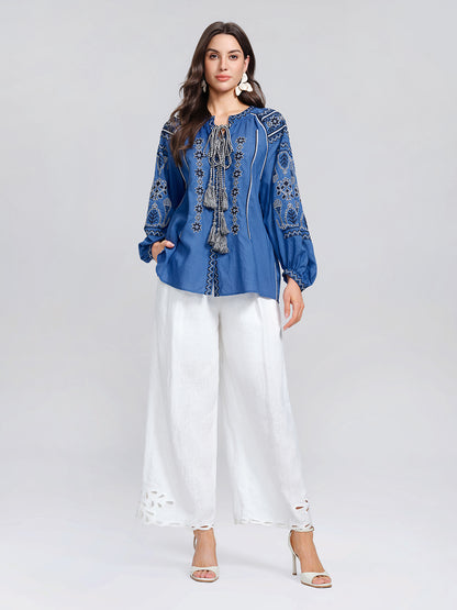 Rinen Ethnic Embroidered Tassel Tie Top
