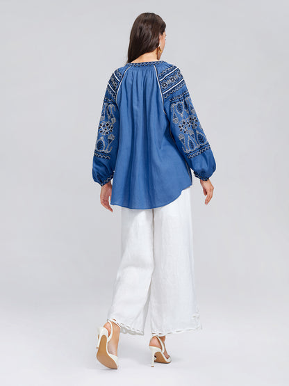 Rinen Ethnic Embroidered Tassel Tie Top