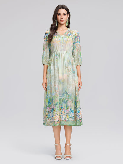 100% Silk Monet Garden Print Dress