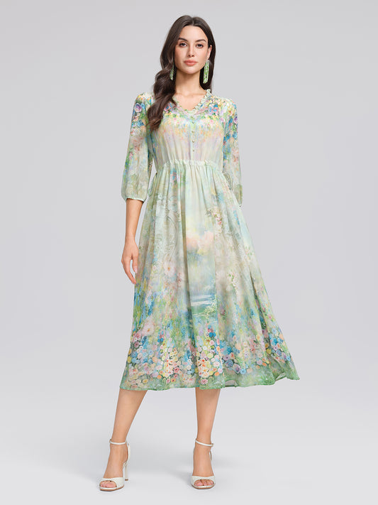 100% Silk Monet Garden Print Dress