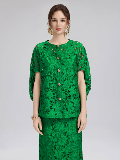 Lace Appliqué Jewel-like Buttons Emerald Top