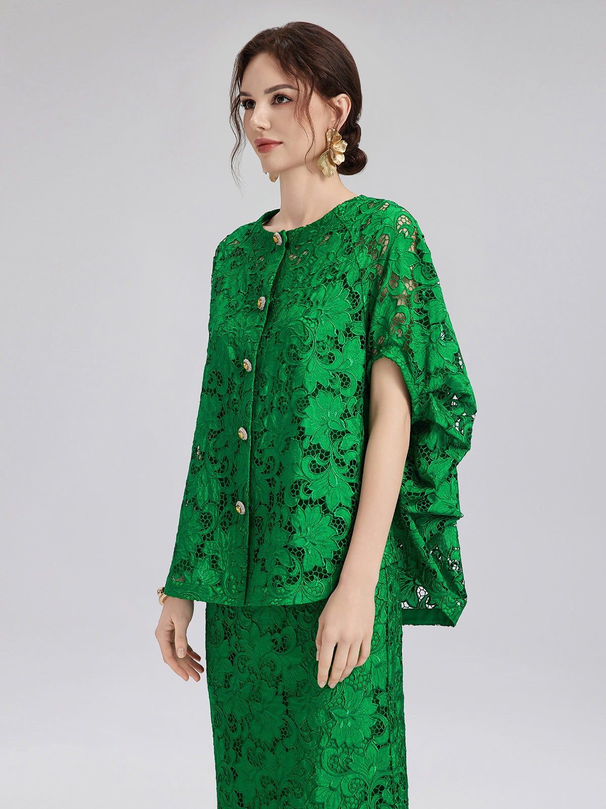 Lace Appliqué Jewel-like Buttons Emerald Top
