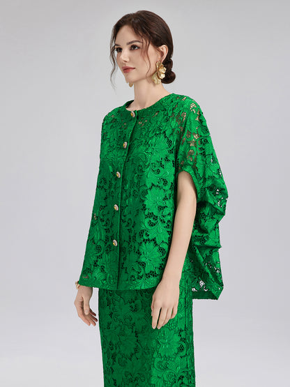 Lace Appliqué Jewel-like Buttons Emerald Top