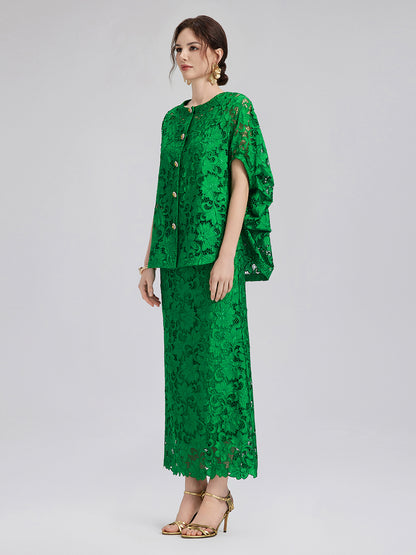 Lace Appliqué Jewel-like Buttons Emerald Top
