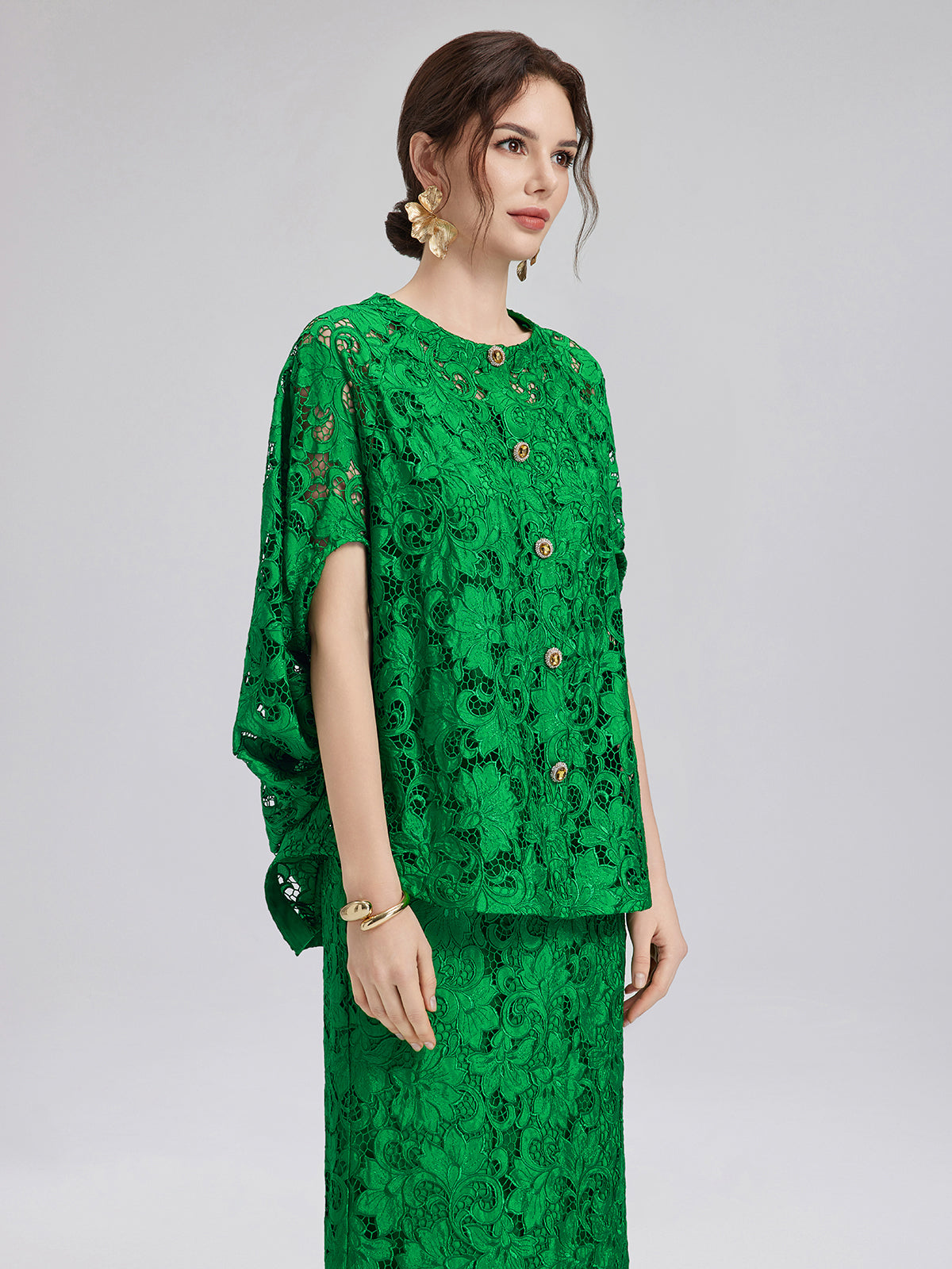 Lace Appliqué Jewel-like Buttons Emerald Top