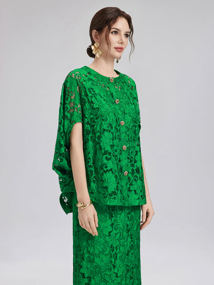 Lace Appliqué Jewel-like Buttons Emerald Top