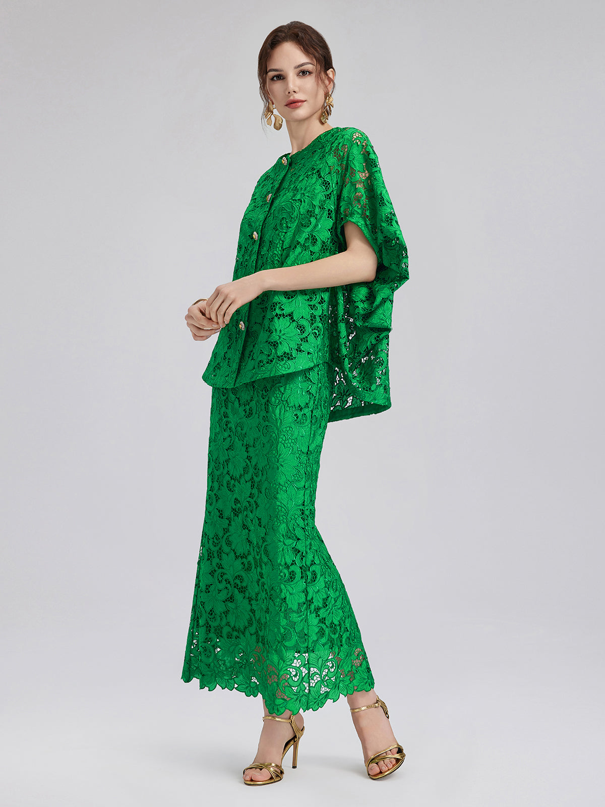 Lace Appliqué Emerald Pencil Skirt
