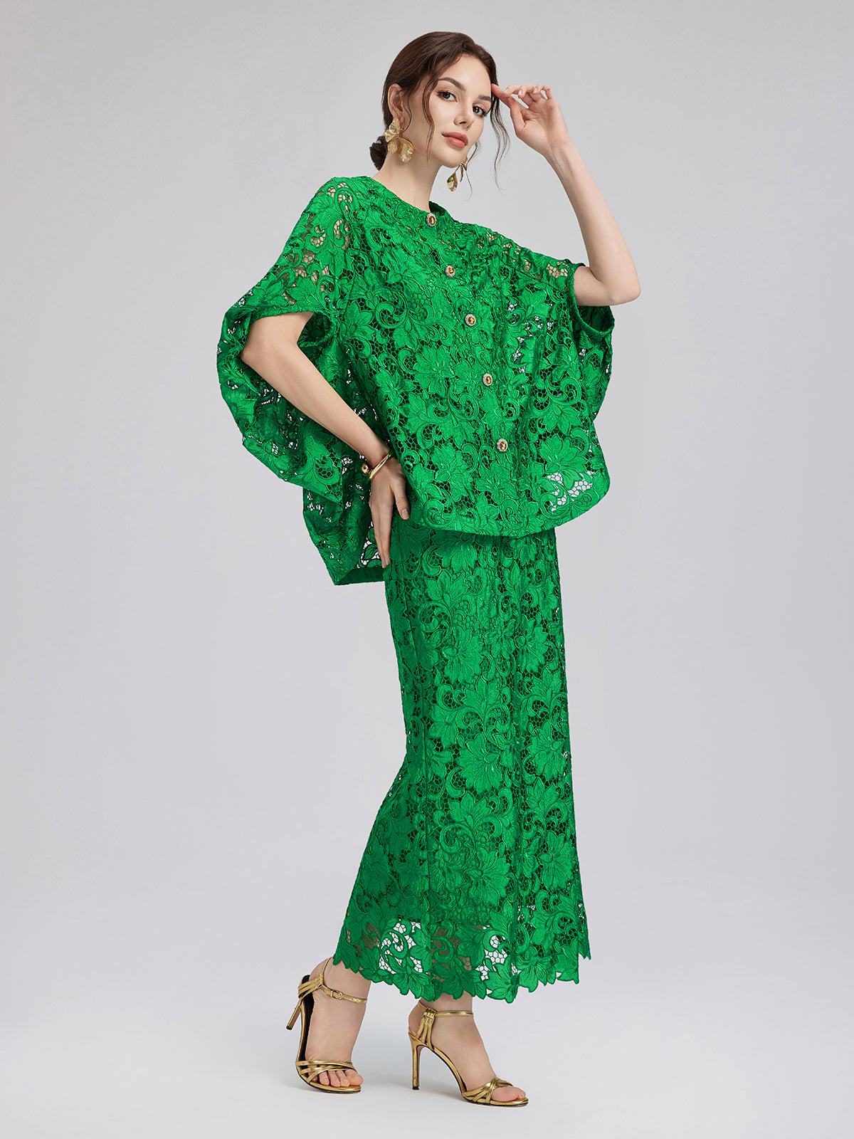 Lace Appliqué Jewel-like Buttons Emerald Top