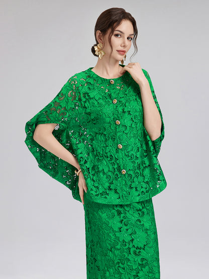 Lace Appliqué Jewel-like Buttons Emerald Top