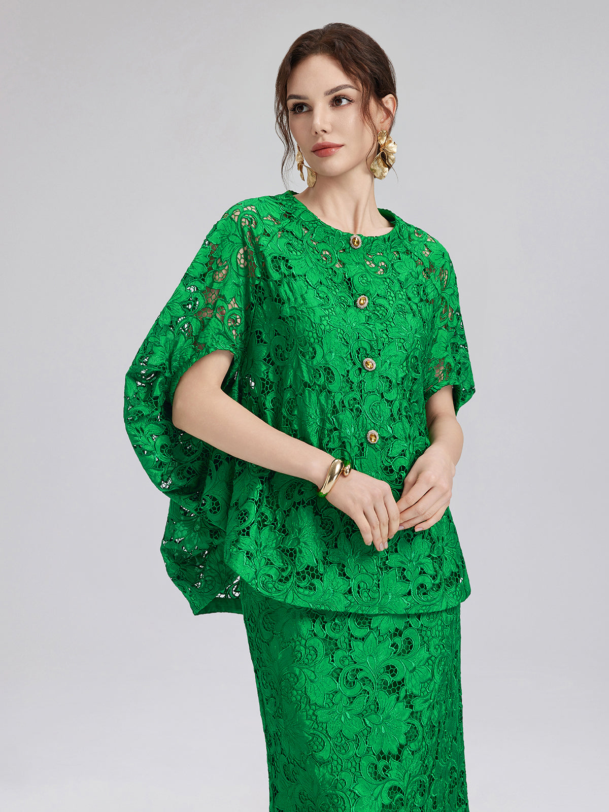 Lace Appliqué Jewel-like Buttons Emerald Top