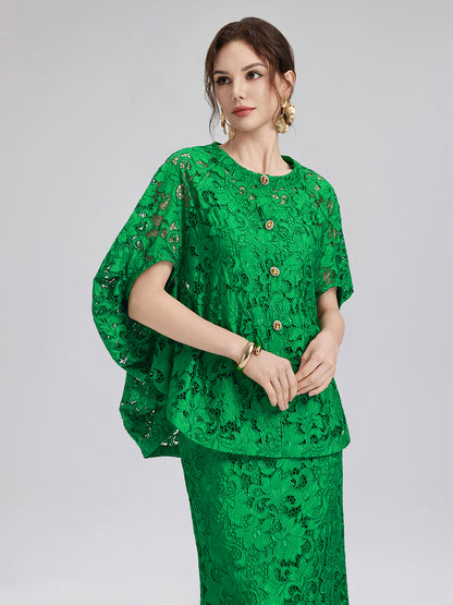 Lace Appliqué Jewel-like Buttons Emerald Top