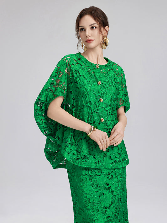 Lace Appliqué Jewel-like Buttons Emerald Top