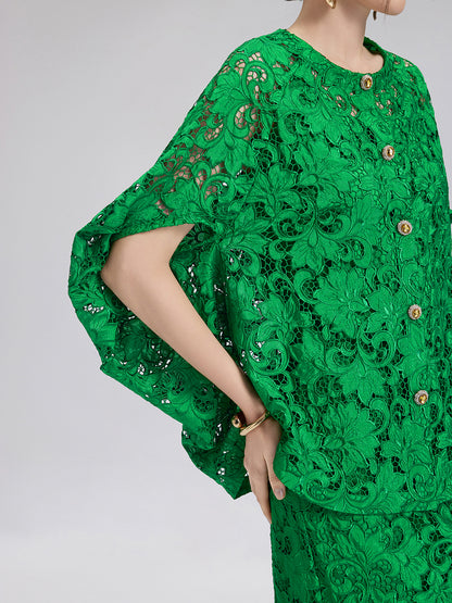 Lace Appliqué Jewel-like Buttons Emerald Top