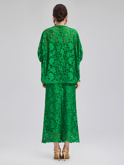 Lace Appliqué Jewel-like Buttons Emerald Top