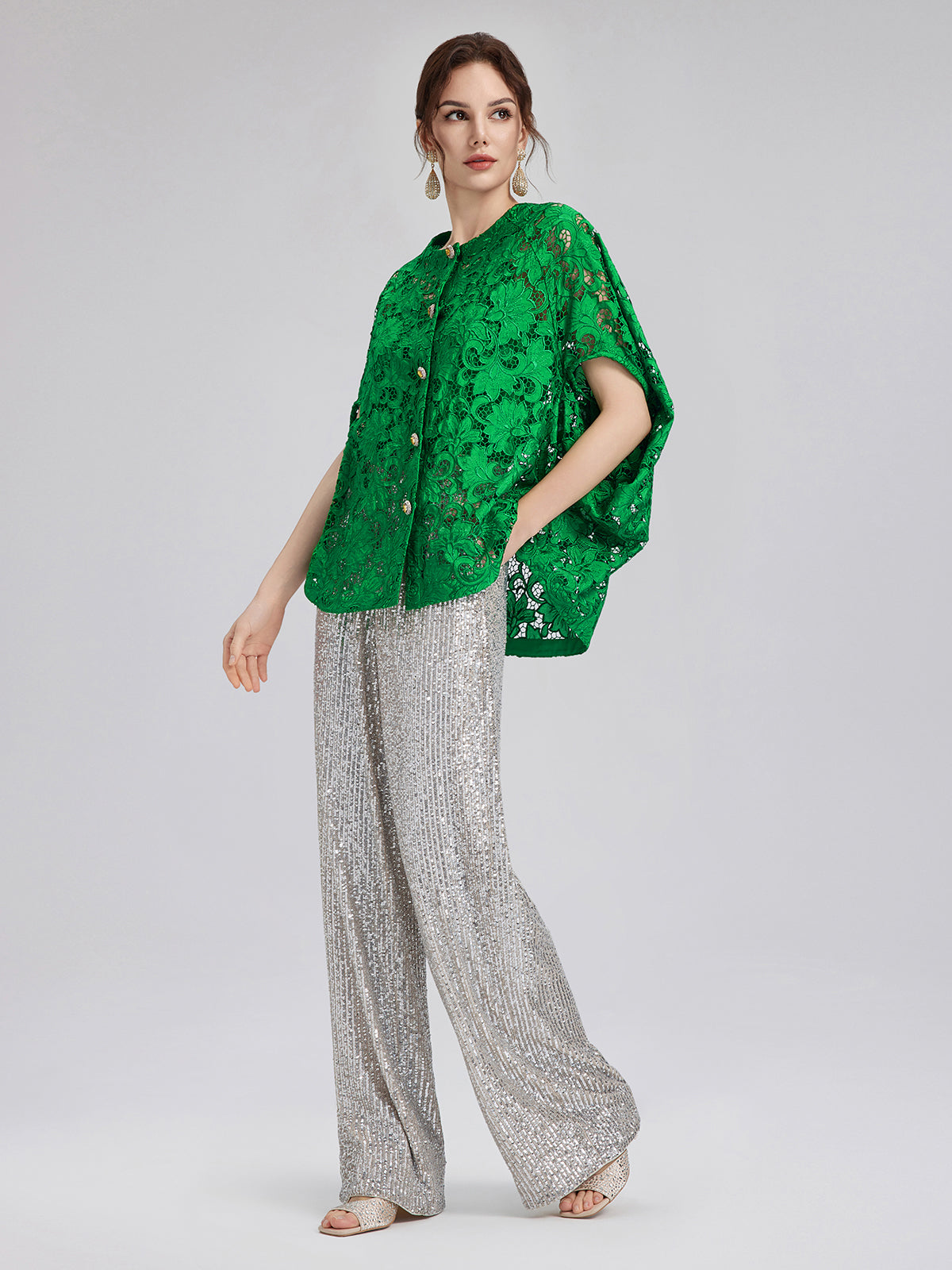 Lace Appliqué Jewel-like Buttons Emerald Top