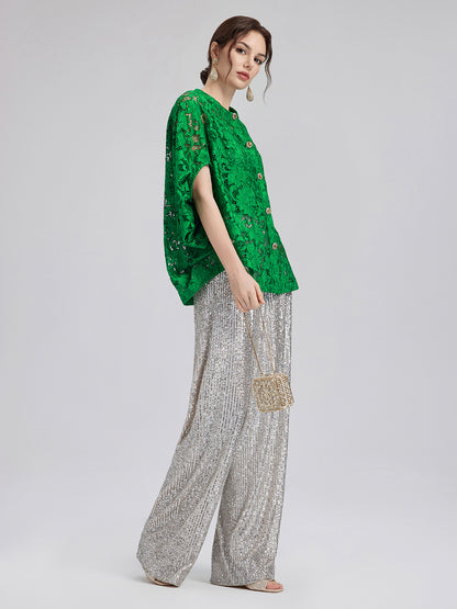 Lace Appliqué Jewel-like Buttons Emerald Top