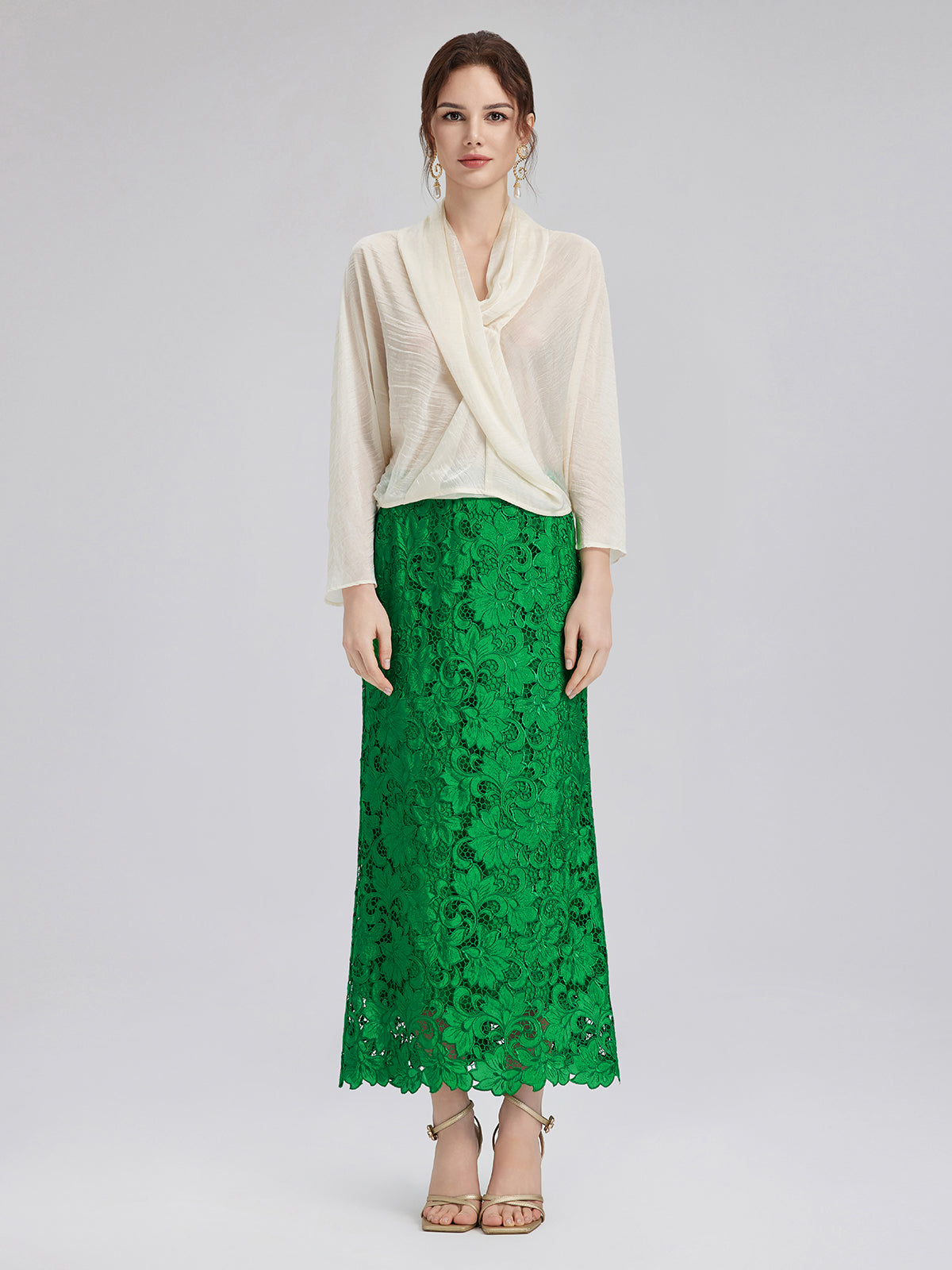 Lace Appliqué Emerald Pencil Skirt