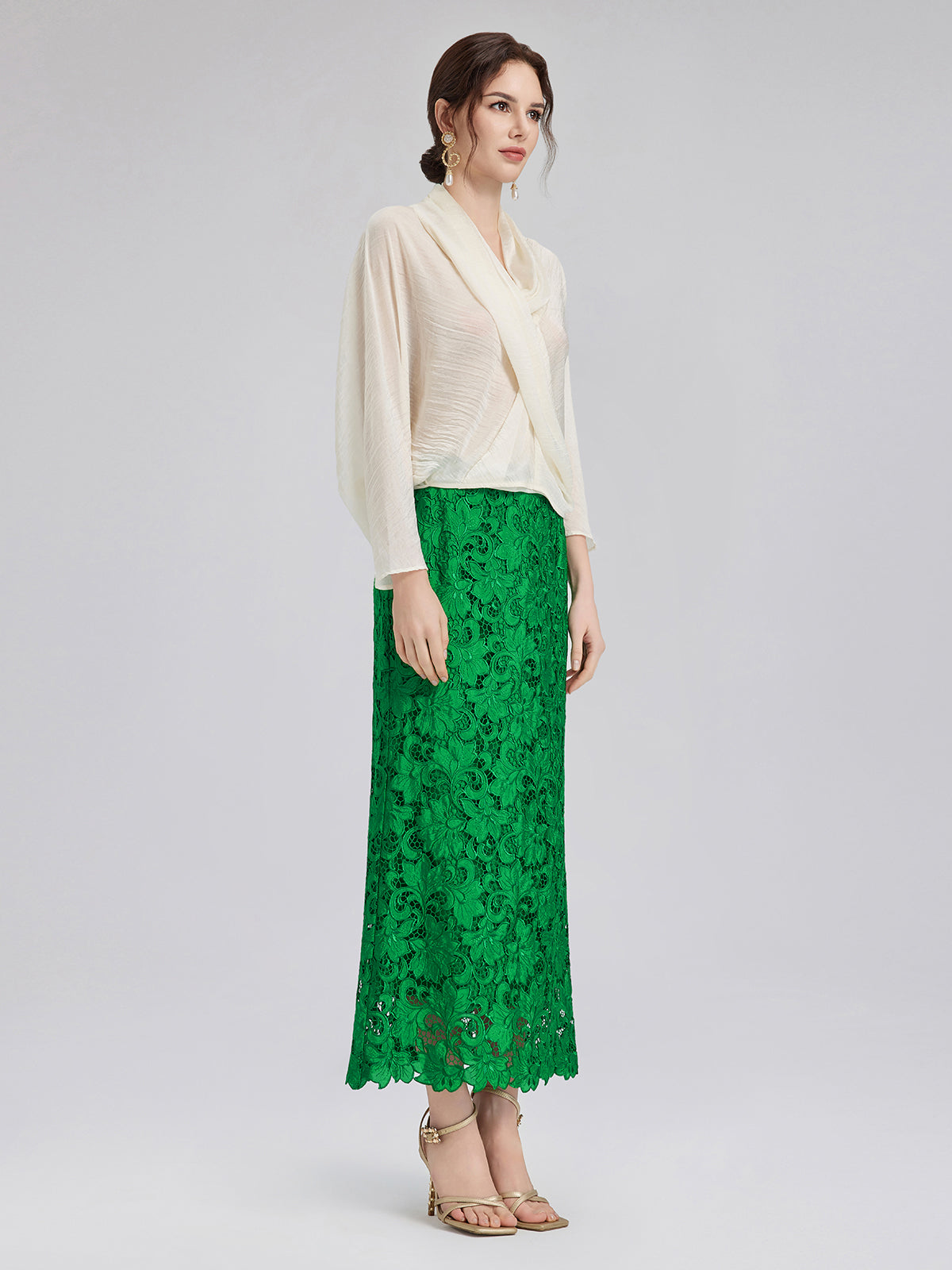 Lace Appliqué Emerald Pencil Skirt