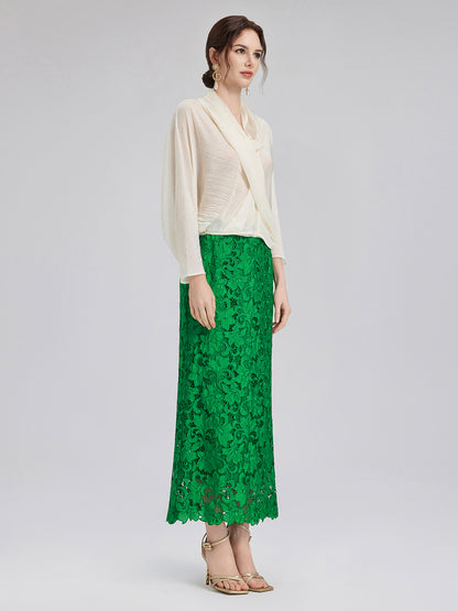 Lace Appliqué Emerald Pencil Skirt