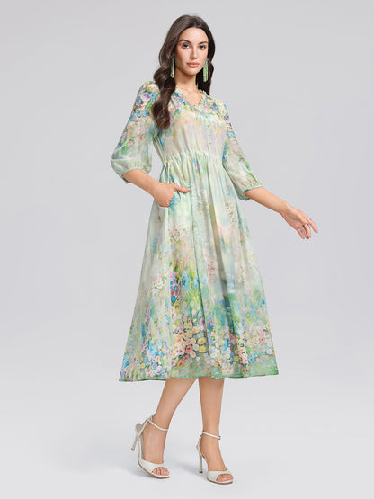 100% Silk Monet Garden Print Dress