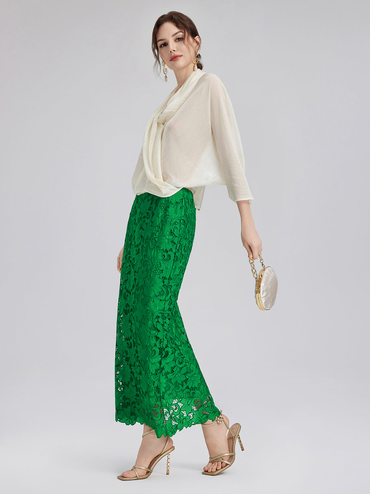 Lace Appliqué Emerald Pencil Skirt