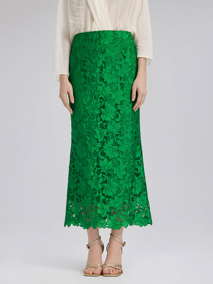 Lace Appliqué Emerald Pencil Skirt