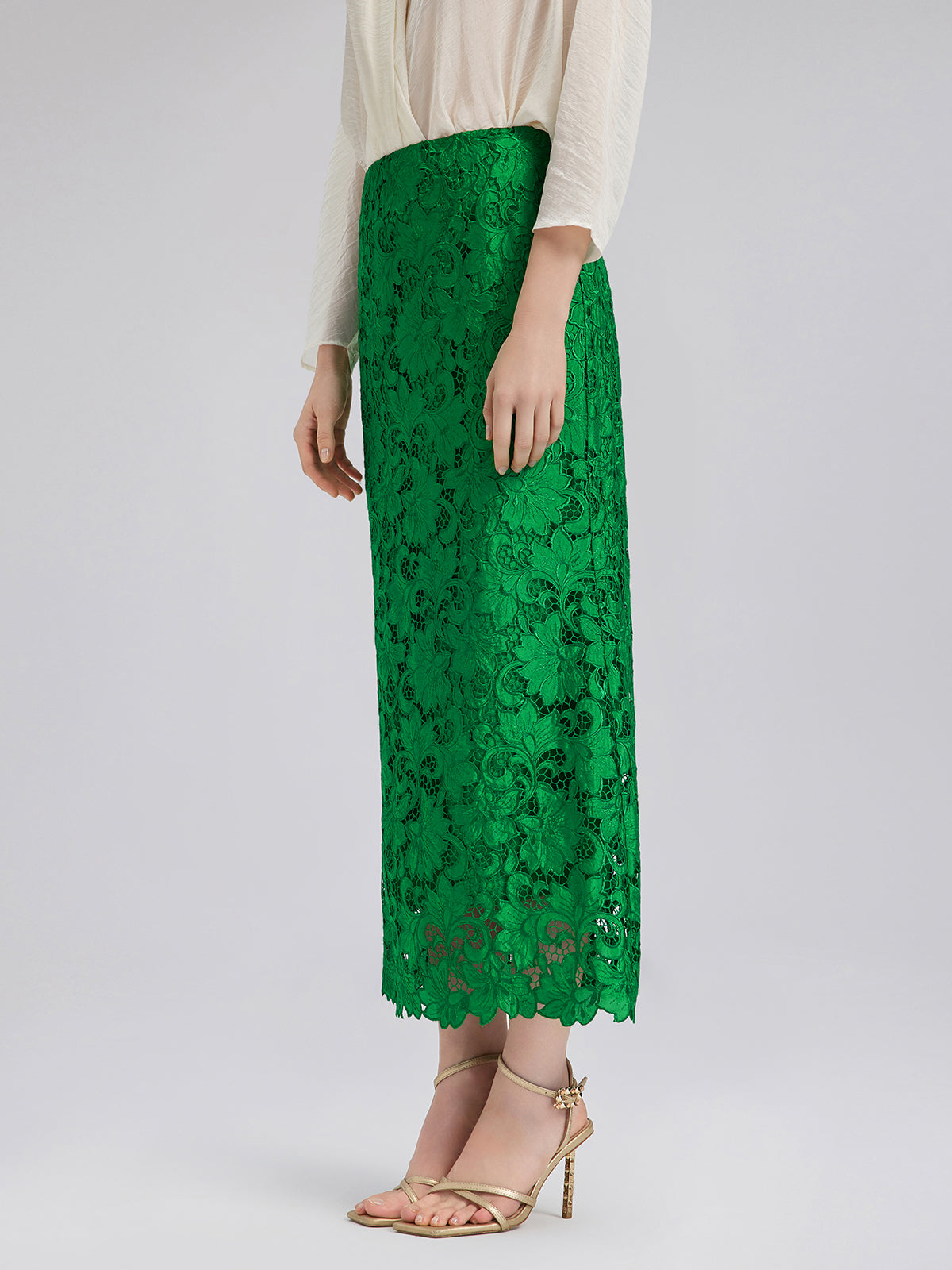 Lace Appliqué Emerald Pencil Skirt