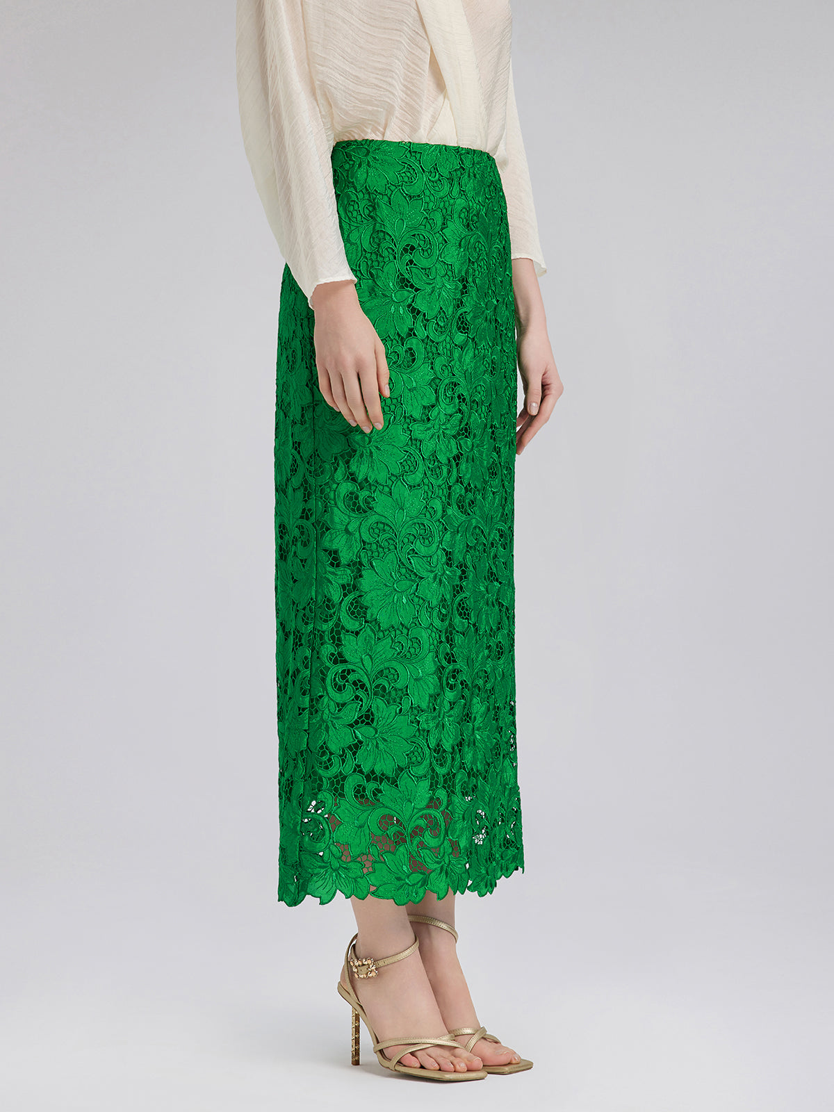 Lace Appliqué Emerald Pencil Skirt