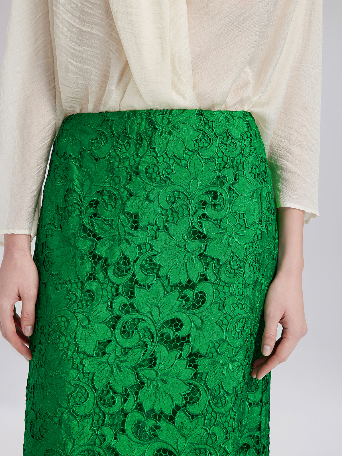 Lace Appliqué Emerald Pencil Skirt