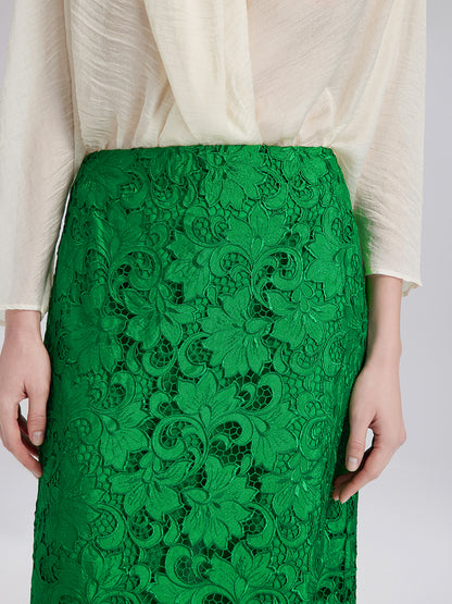 Lace Appliqué Emerald Pencil Skirt
