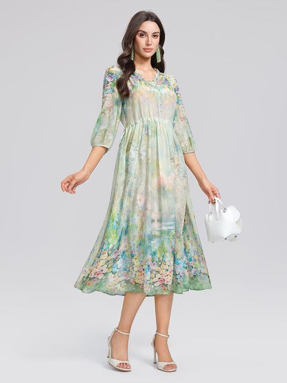 100% Silk Monet Garden Print Dress