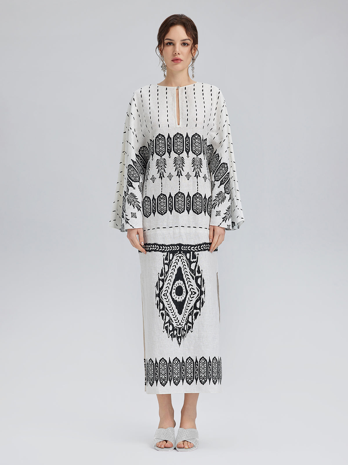 Final Sale | Linen Geometric Print Batwing Maxi Dress