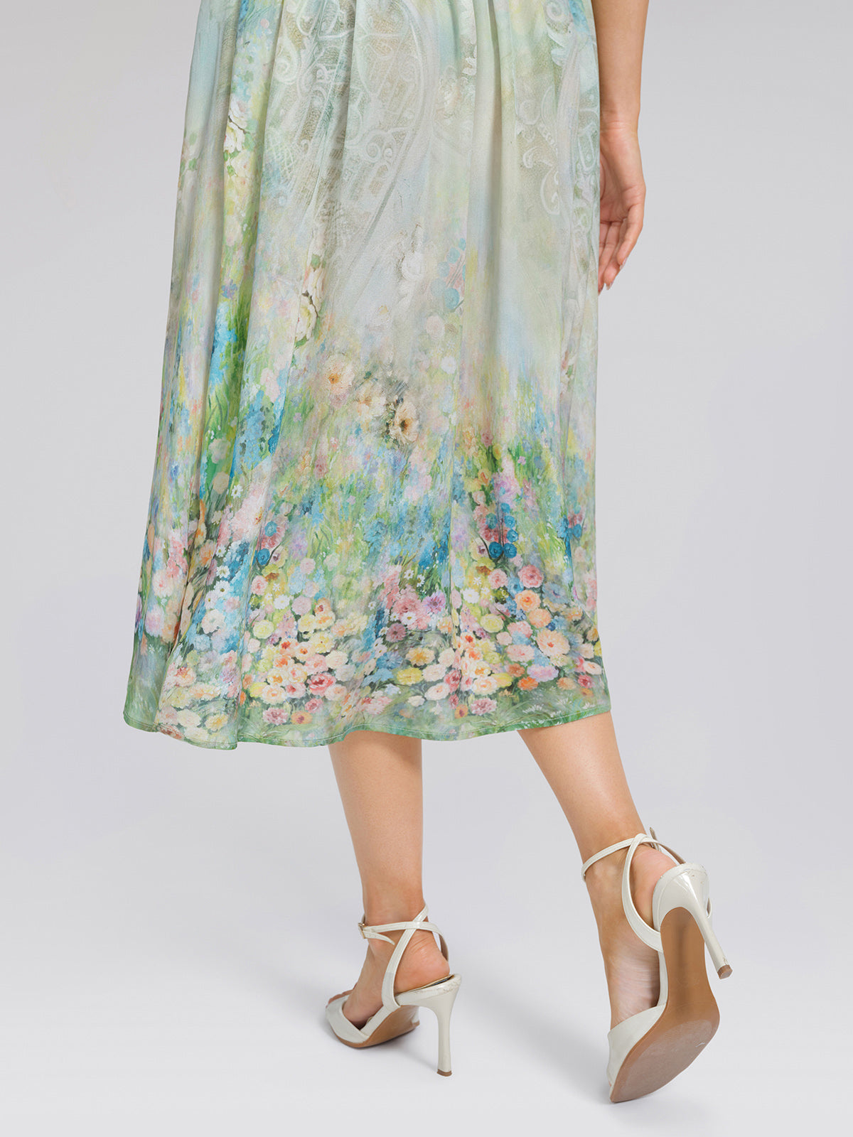 100% Silk Monet Garden Print Dress, FLORAL GREEN / S