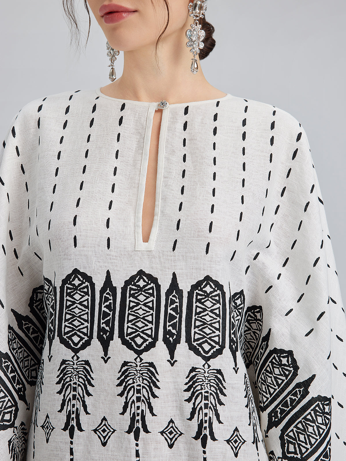 Final Sale | Linen Geometric Print Batwing Maxi Dress