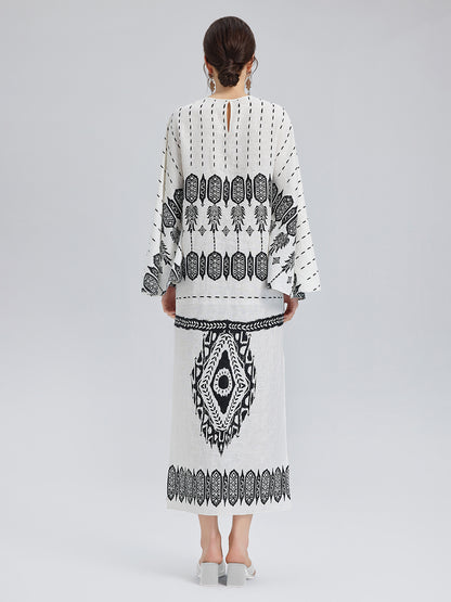 Linen Geometric Print Batwing Maxi Dress, White floral / M Linen Geometric Print Batwing Maxi Dress, White floral / M