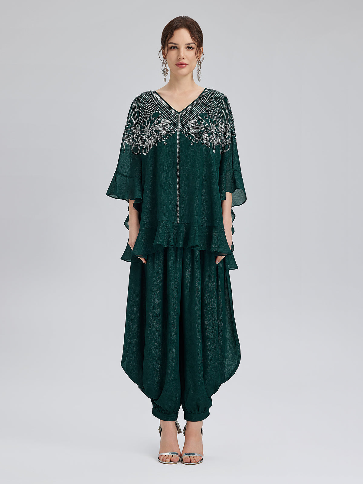 Final Sale | Silver-threaded Chiffon Gathered Carrot Pants