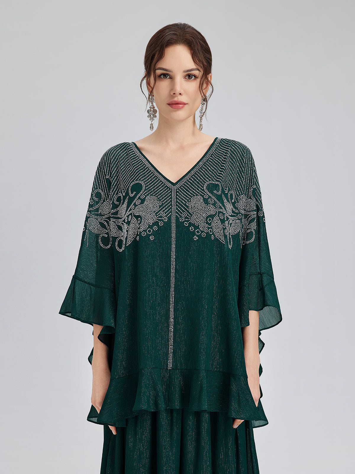 Final Sale | Metallic Chiffon Rhinestone V-Neck Top